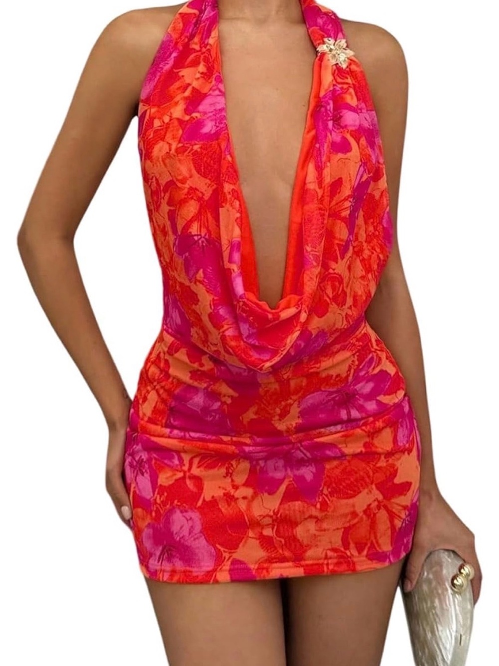 Halter Cowl Neck Mini Dress in Coral Pink Floral